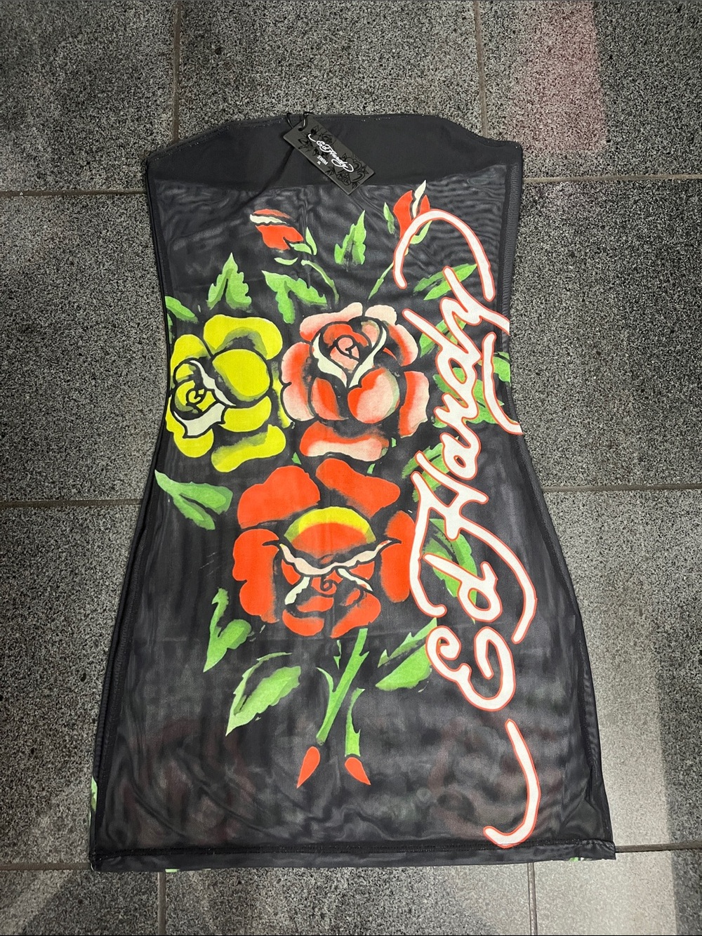 Ed Hardy Black Strapless Mesh Dress with Red, Yellow & Green Floral Print
